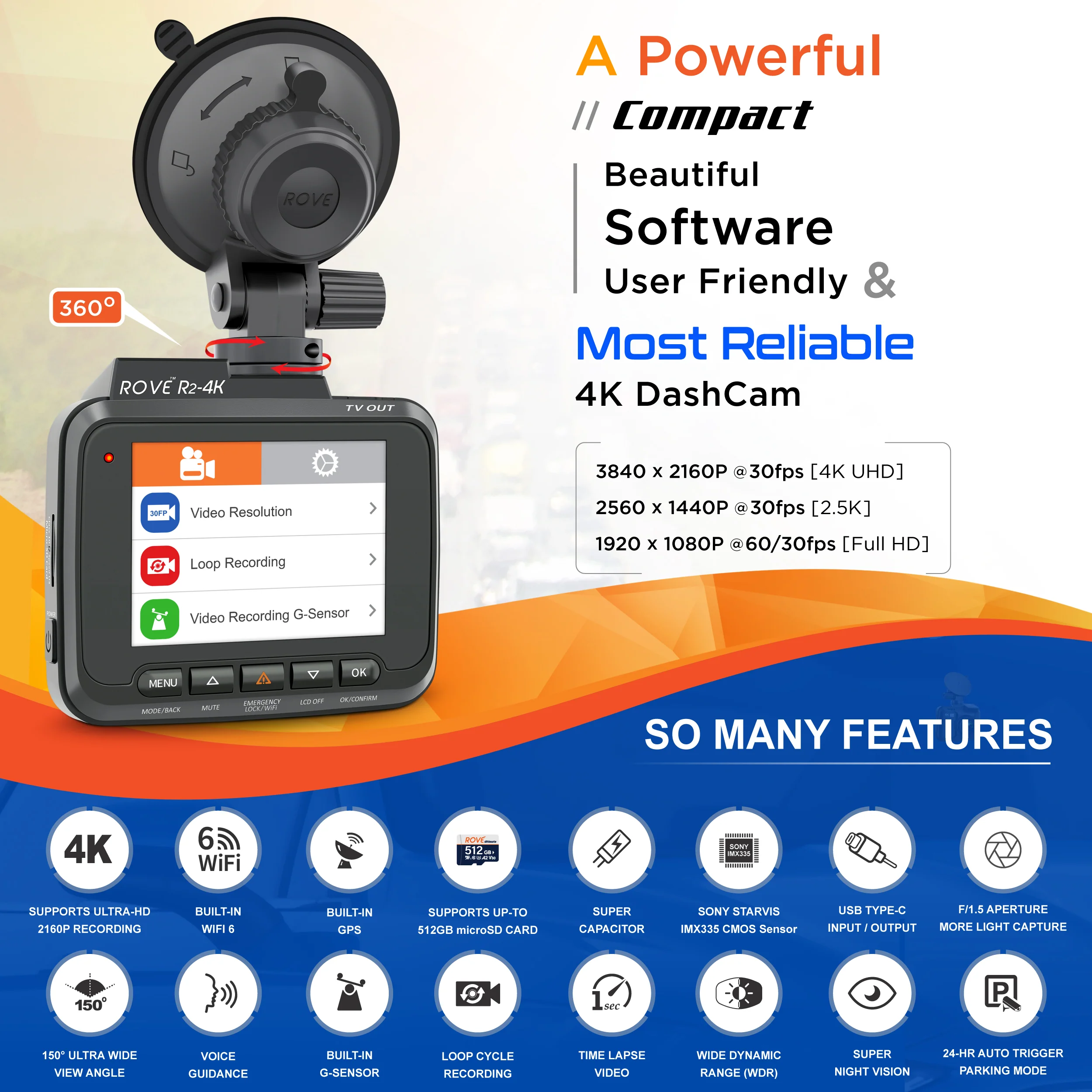 3 ROVE R2-4K Dash Cam 4K Ultra HD 2160P Dash Board Camera Built In Wi-Fi 6 & GPS - Image 3