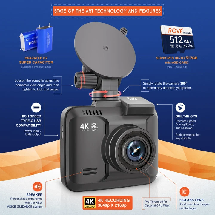 3 x ROVE R2-4K PRO Dash Cam, Built-in Dual Band 5G Wi-Fi, GPS and Supercapacitor - Image 3