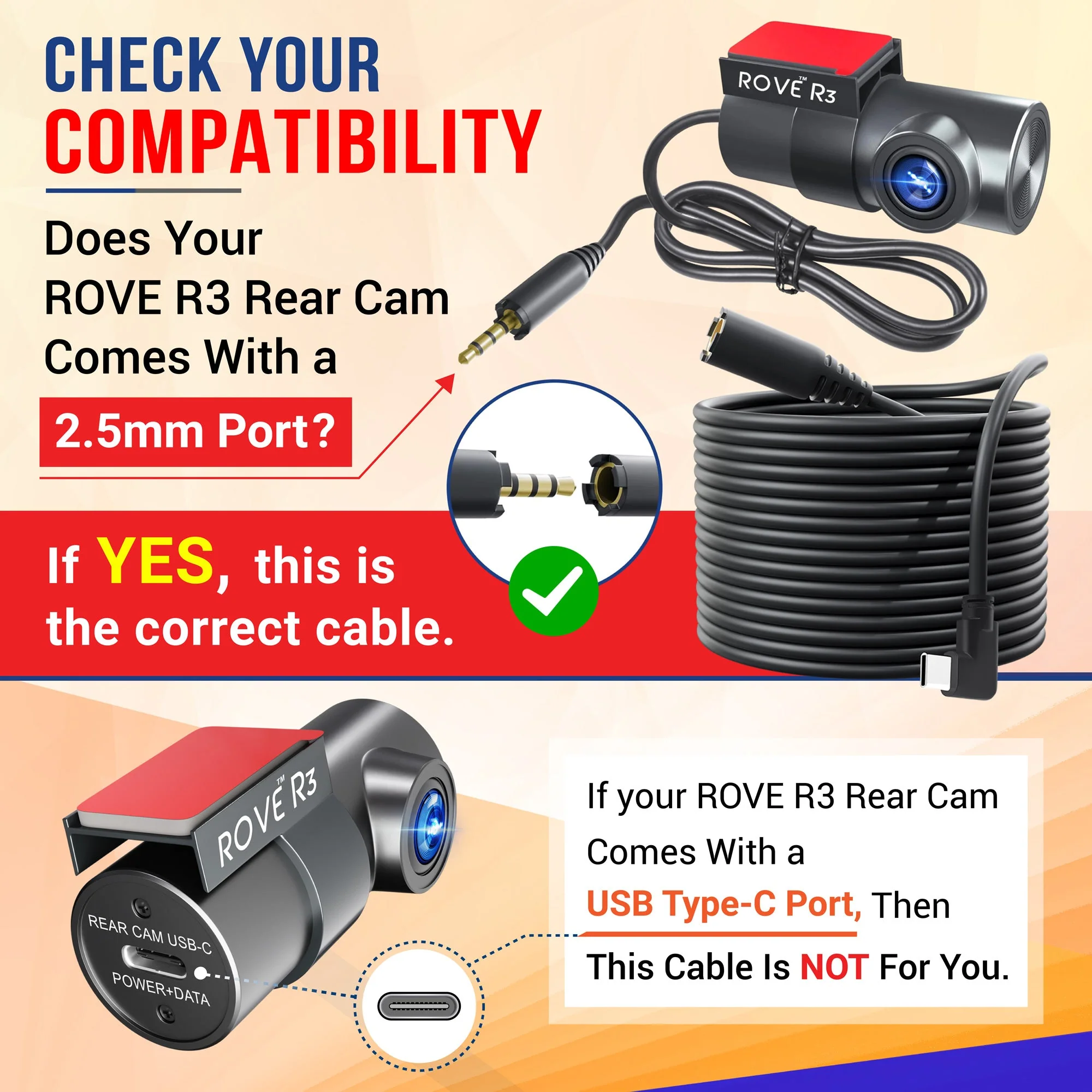 Spare 6M / 19.6FT USB Type C to 2.5mm Female Port Rear Camera Cable for ROVE R3 Dash Cam | Compatible Only with Purchases Made Before November 2023 | Check Compatibility Image Before Purchasing - Image 2