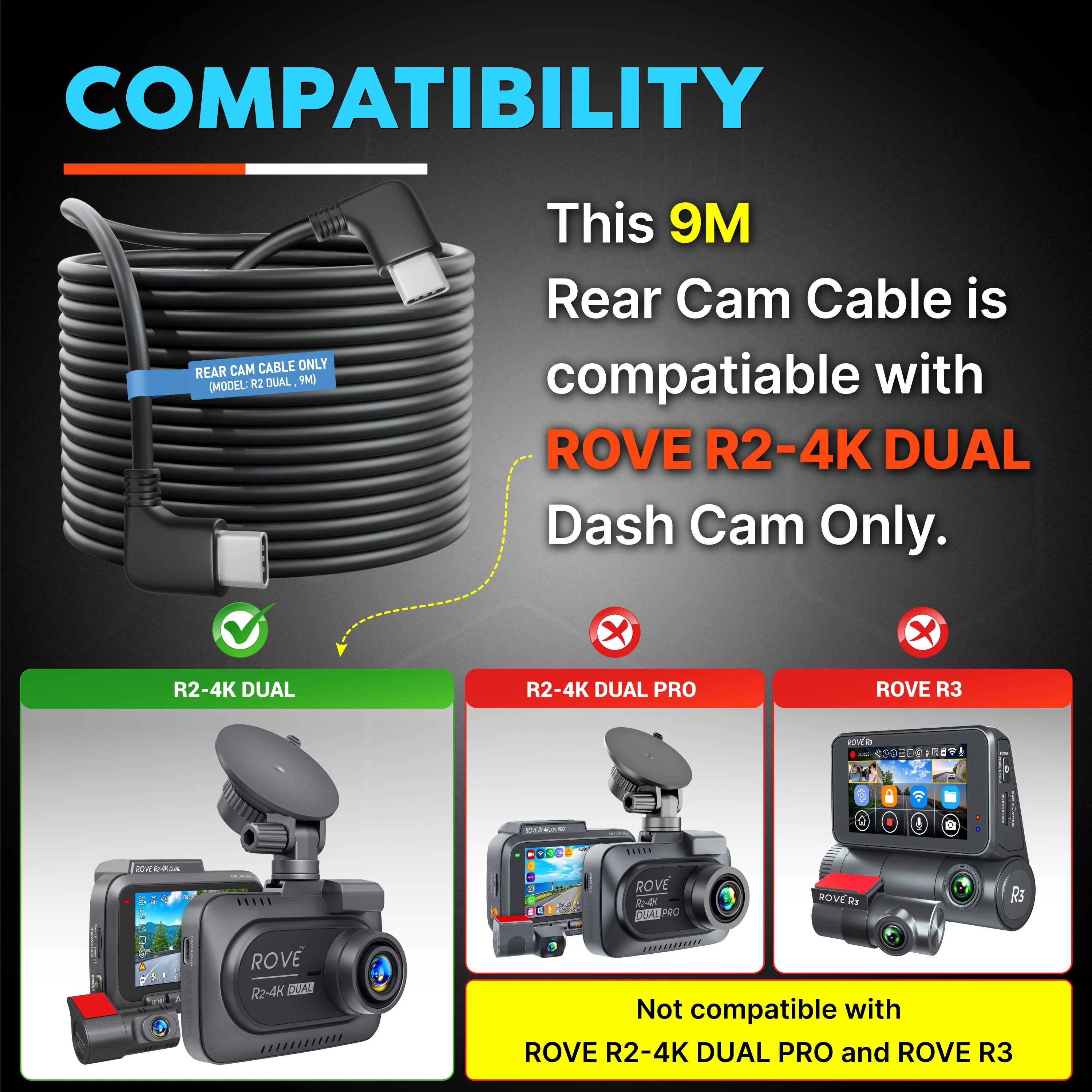 ROVE Ultimate 9M Extended Rear Camera Cable for R2-4K DUAL Dash Cam - Ultimate Connectivity Solution - Image 2