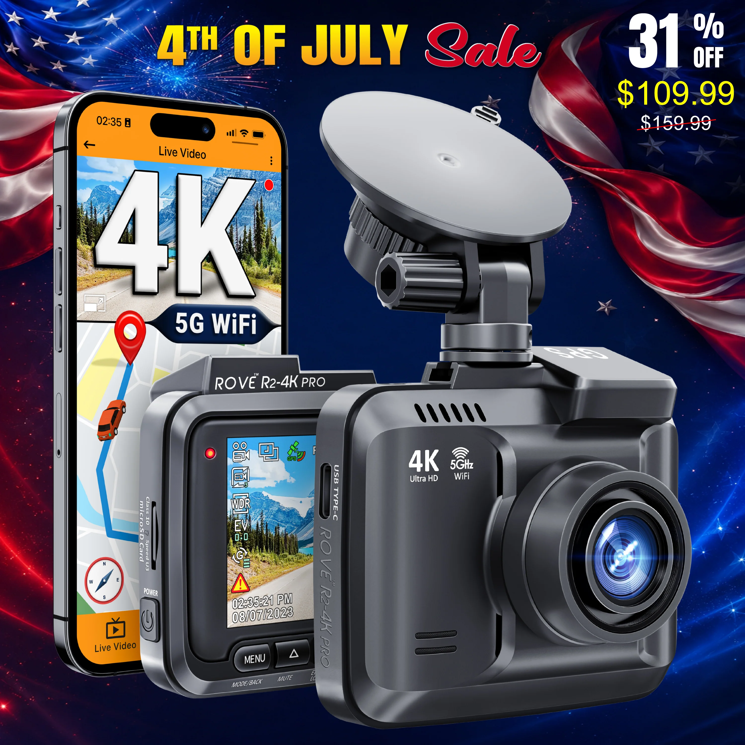ROVE R2-4K PRO Dash Cam, Built-in GPS, 5G WiFi Dash Camera for Cars, 2160P UHD 30fps Dashcam with APP, 2.4" IPS Screen, Night Vision, WDR, 150° Wide Angle, 24-Hr Parking Mode, Supports 512GB Max - Image 8