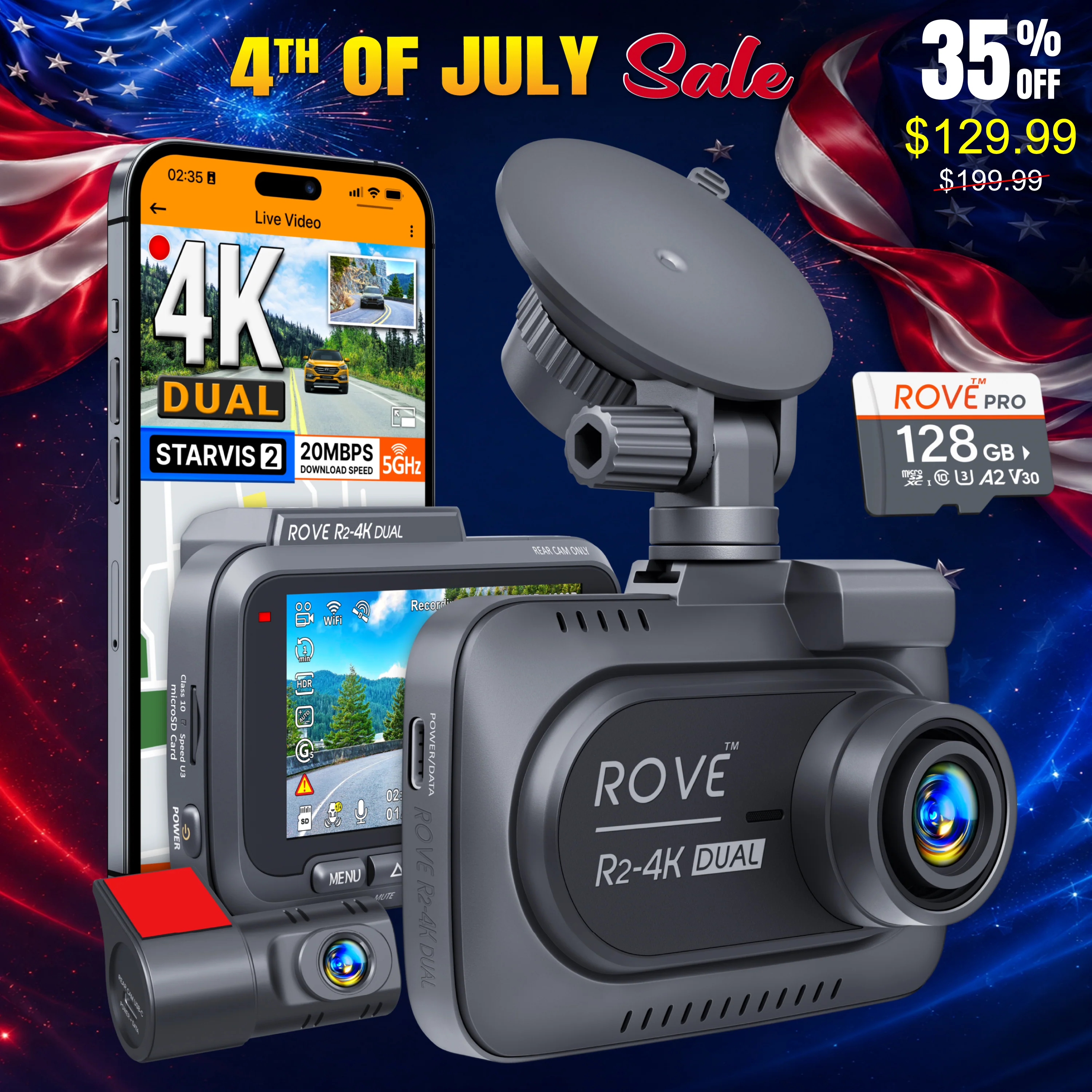 ROVE R2-4K DUAL Dash Cam Front and Rear, STARVIS 2 Sensor, FREE 128GB Card Included, 5G WiFi - Image 11