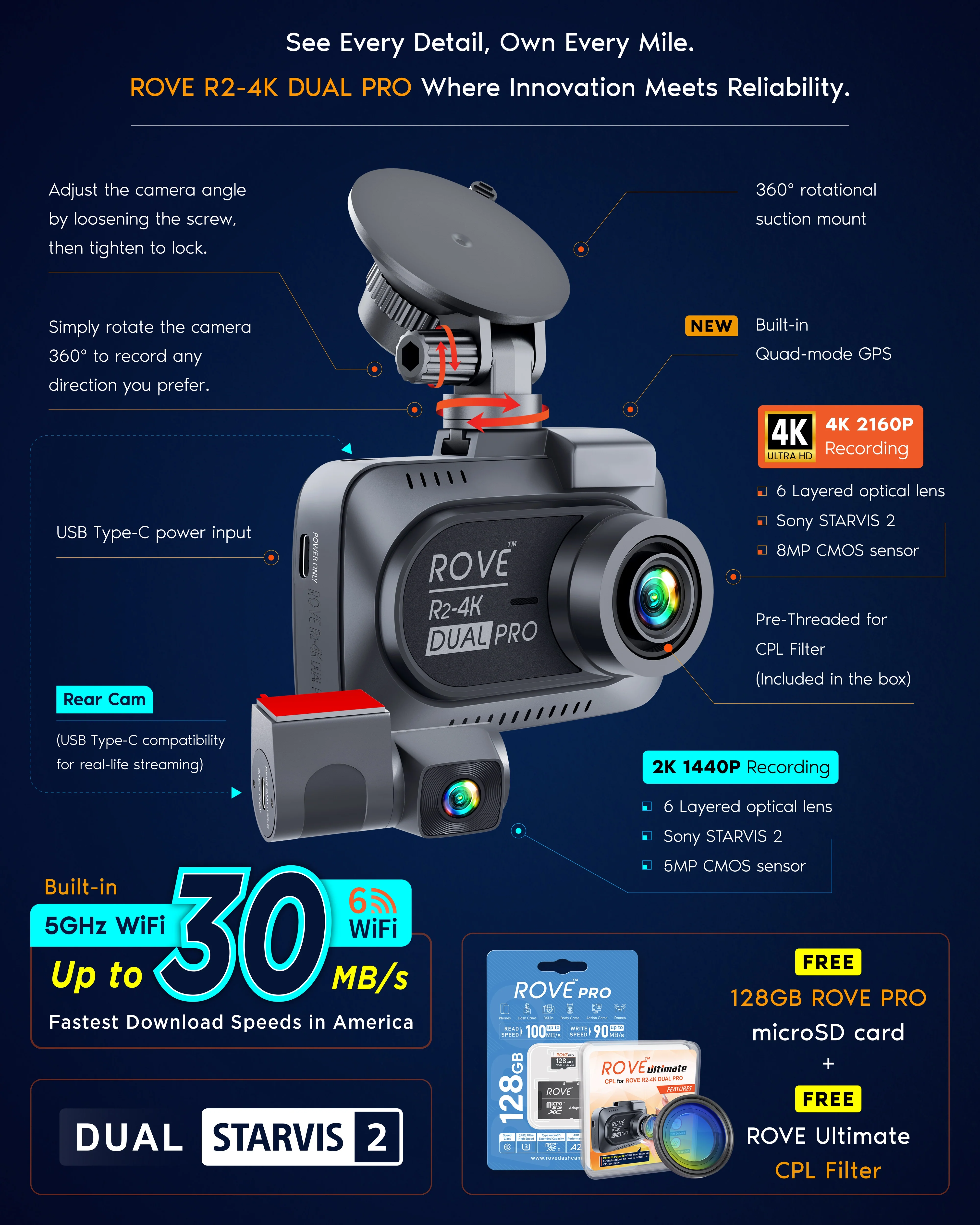 ROVE R2-4K DUAL PRO Dash Cam Front & Rear | 4K + 2K | Dual STARVIS 2 IMX678 + IMX675 CMOS Sensors | 5GHz WiFi 6 | FREE 128GB Card & CPL | 24Hr Parking Mode - Image 3