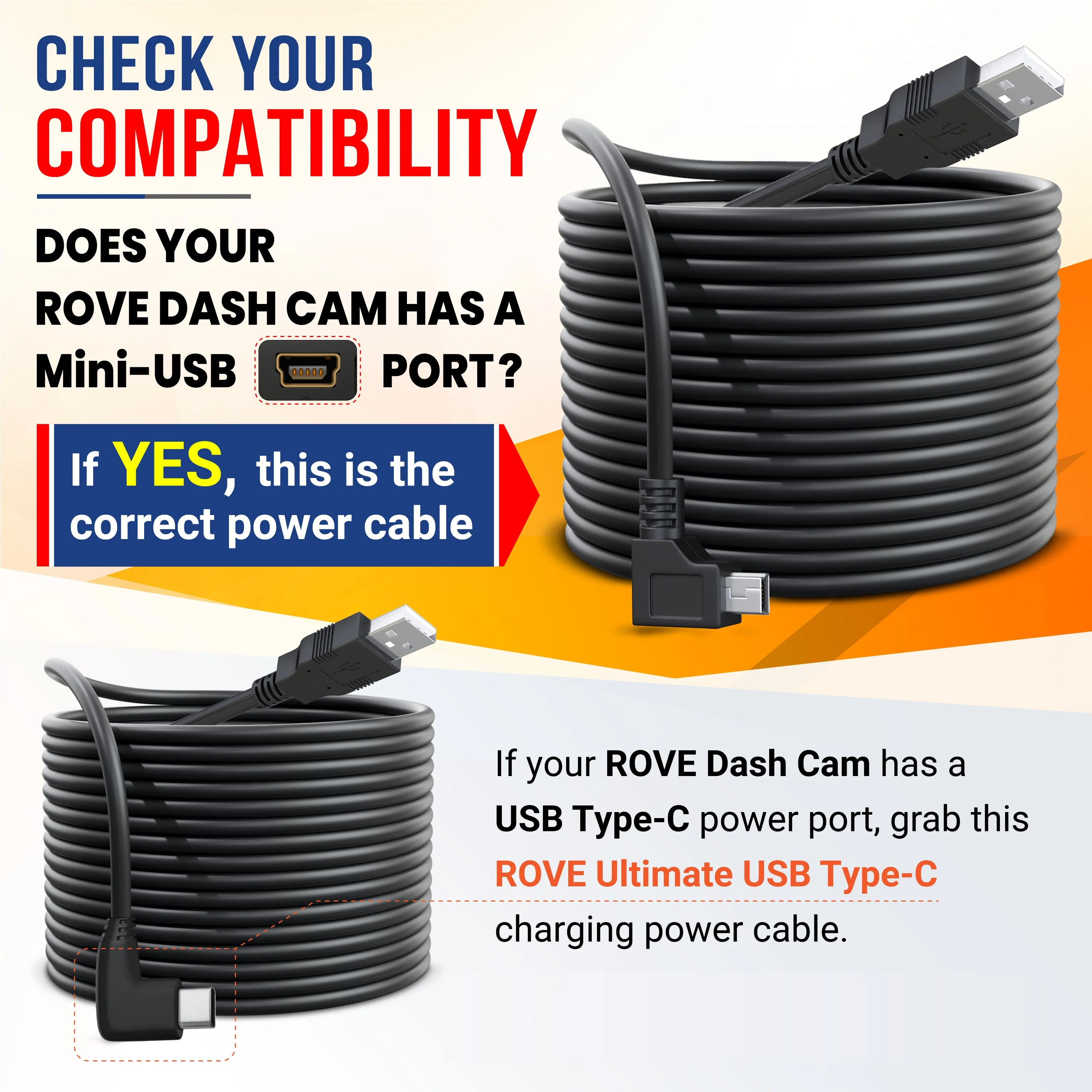 ROVE Ultimate 12ft Mini-USB Car Charging Power Cable for R2-4K Dash Cam with Mini-USB Port | Check Compatibility Image Before Purchasing - Image 2