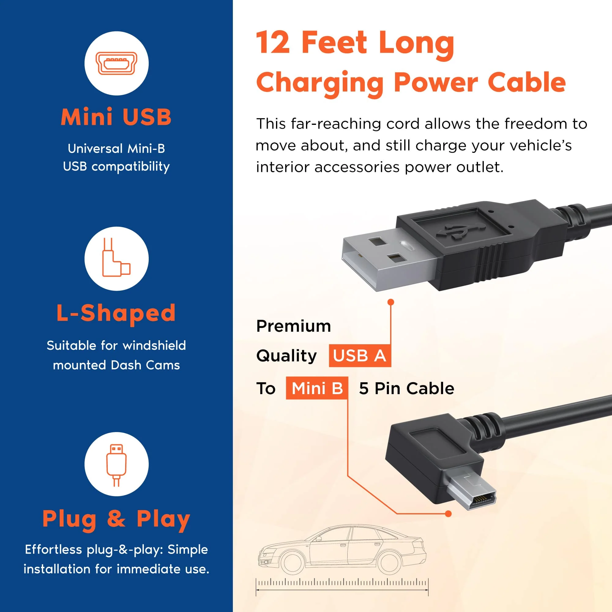 ROVE Ultimate 12ft Mini-USB Car Charging Power Cable for R2-4K Dash Cam with Mini-USB Port | Check Compatibility Image Before Purchasing - Image 3