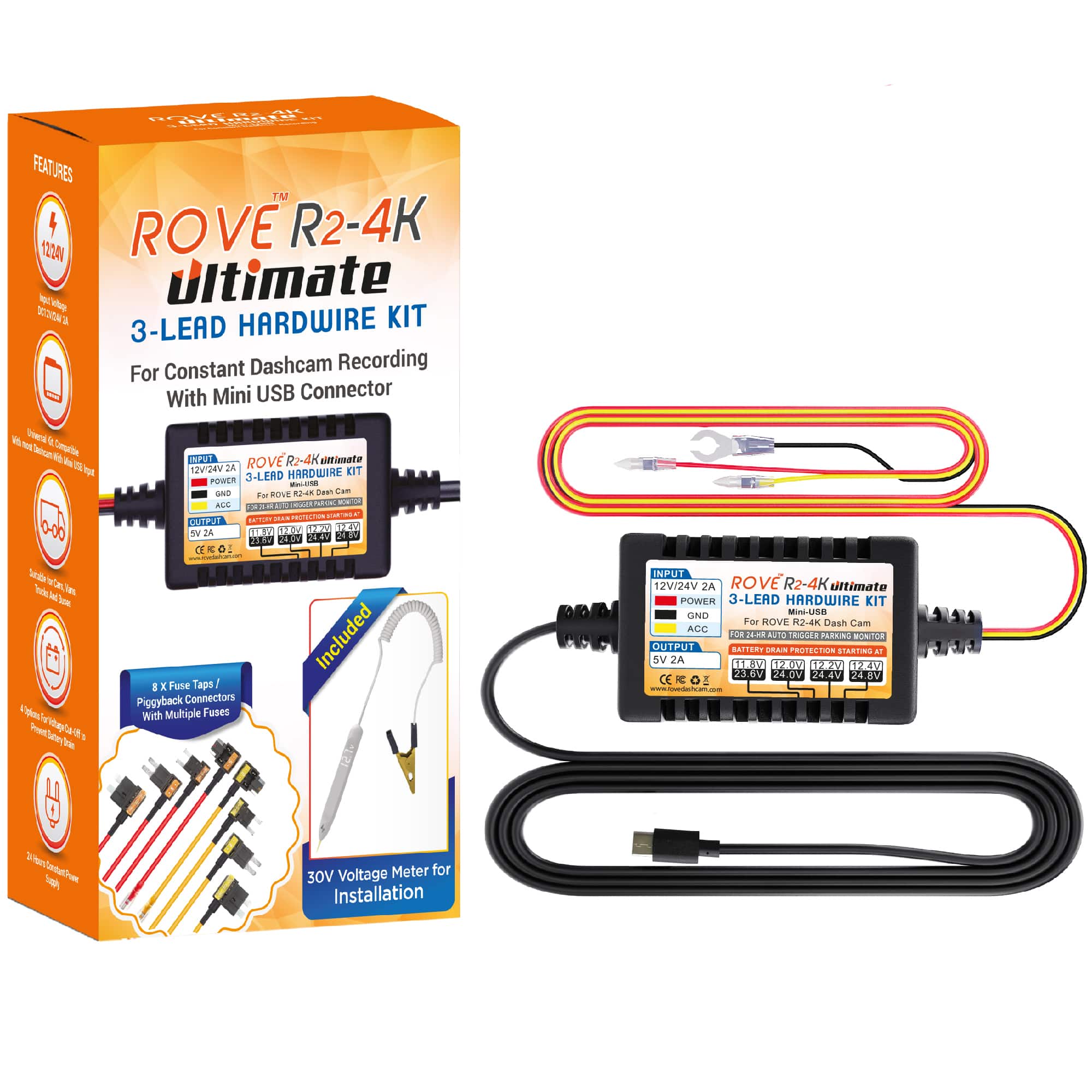 ROVE Ultimate 3-Lead Mini-USB Hardwire Kit for ROVE R2-4K Dash Cam | Check Compatibility Image Before Purchasing