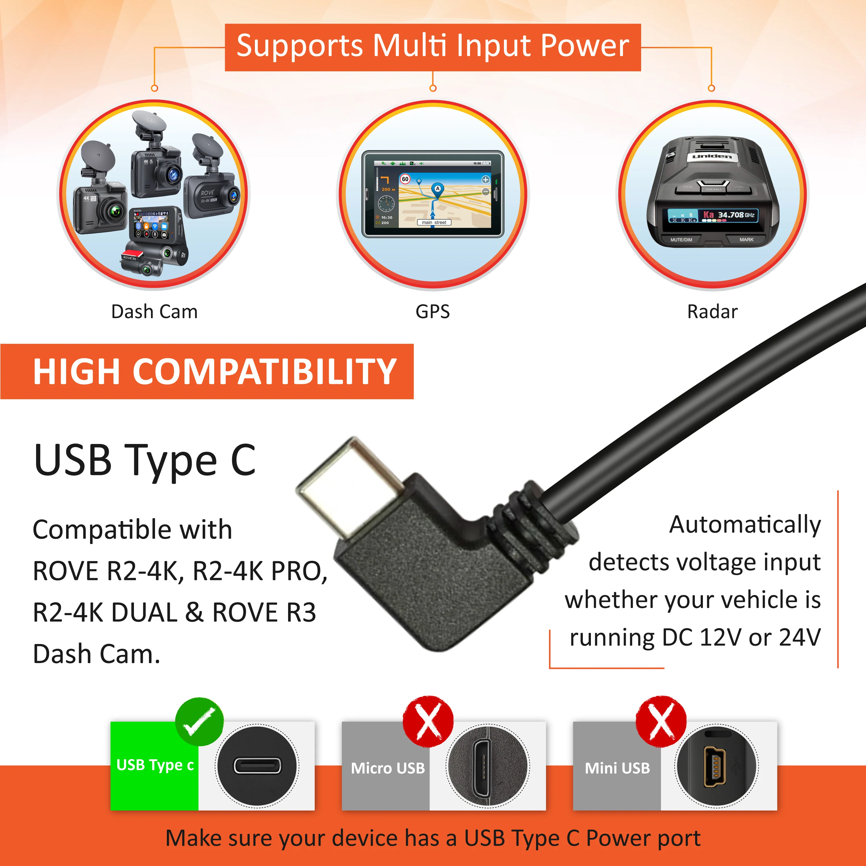 ROVE Ultimate 3-Lead USB Type-C Hardwire Kit | for ROVE R2, R2 PRO, R2 DUAL, R2 DUAL PRO, and R3 Dash Cam | Check Compatibility Image Before Purchasing - Image 3