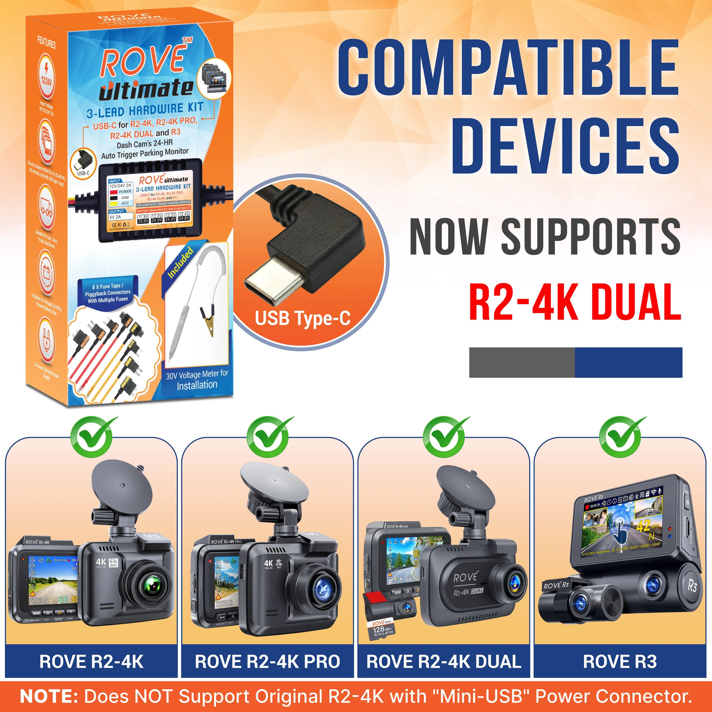ROVE Ultimate 3-Lead USB Type-C Hardwire Kit | for ROVE R2, R2 PRO, R2 DUAL, R2 DUAL PRO, and R3 Dash Cam | Check Compatibility Image Before Purchasing - Image 4