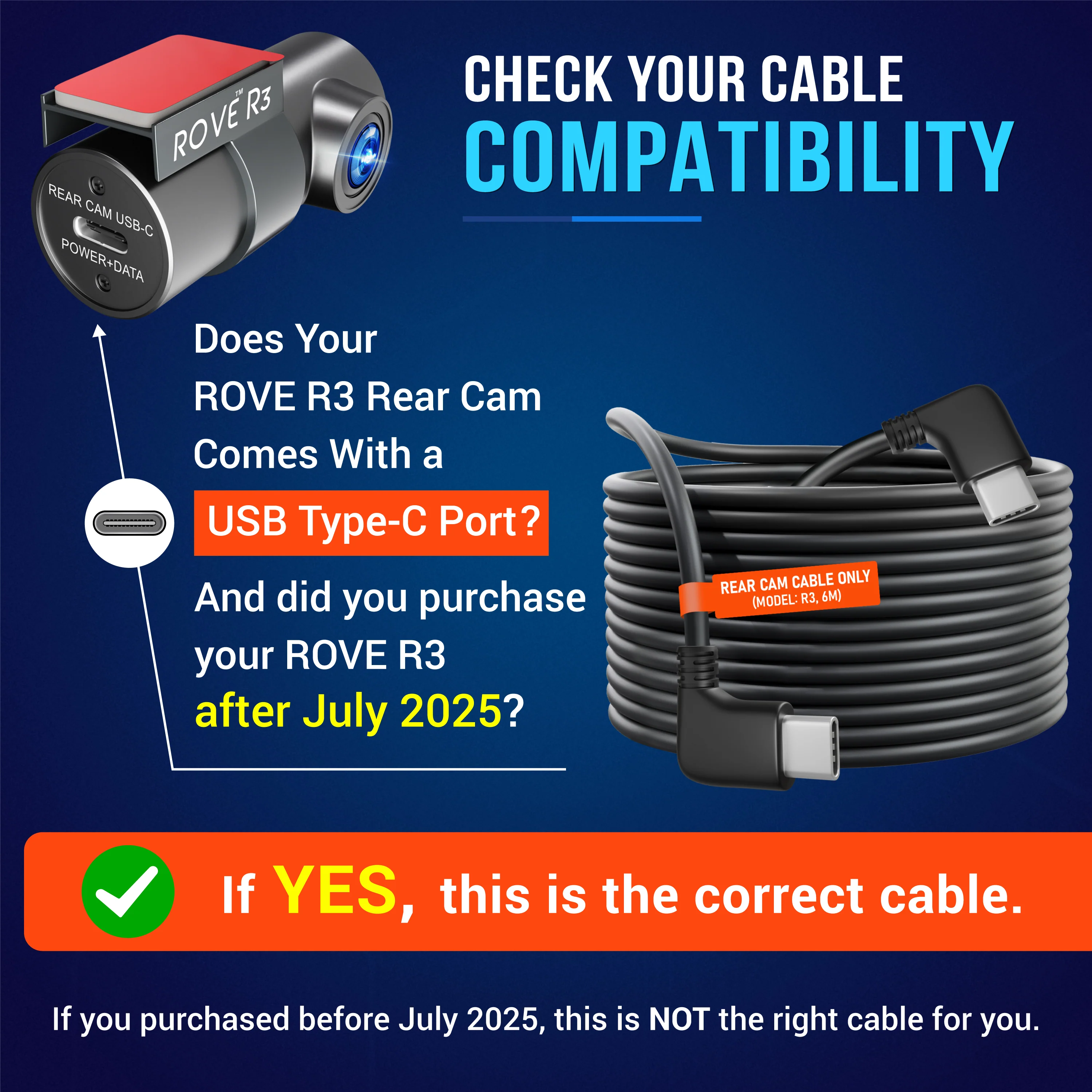 ROVE Ultimate 6M/19.6FT USB Type-C to Type-C Rear Camera Cable for ROVE R3 Dash Cam Only | Check Compatibility Image Before Purchasing - Image 2