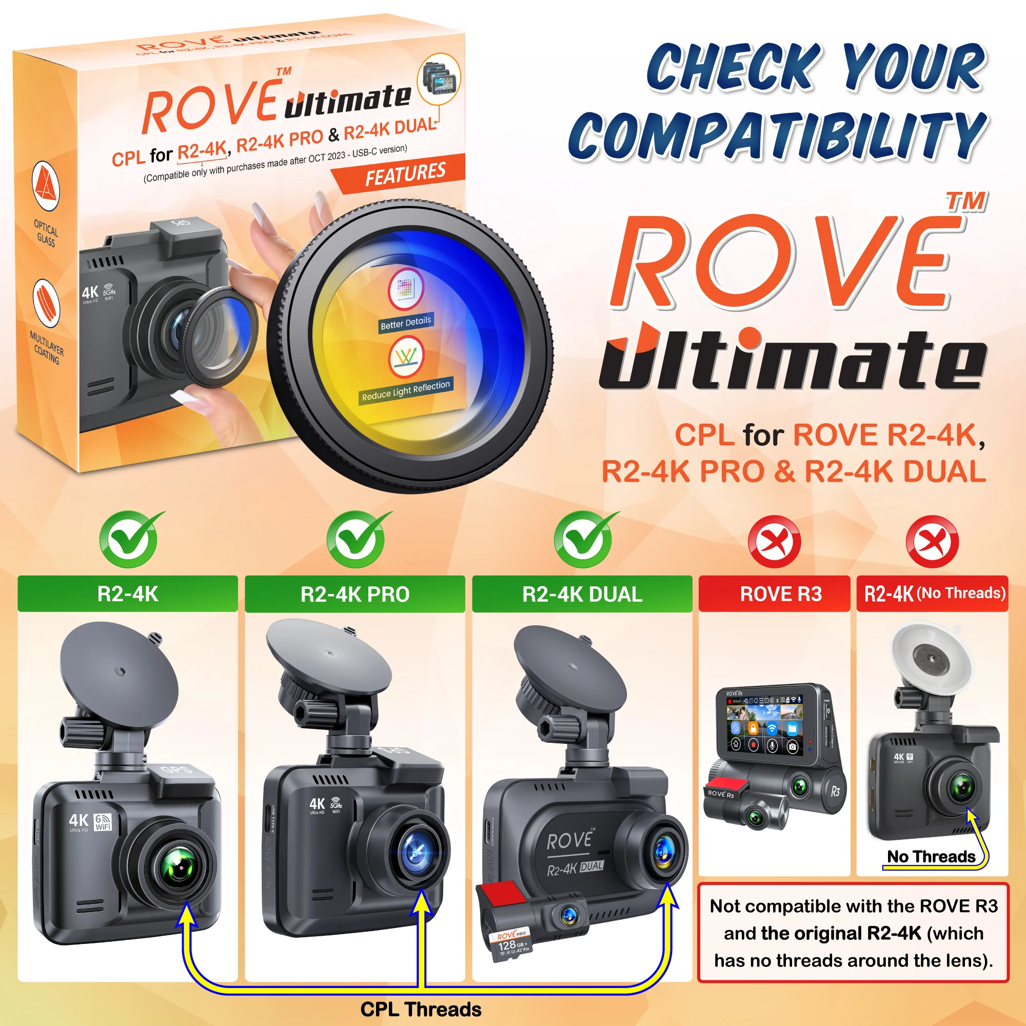 ROVE Ultimate CPL Filter for ROVE R2-4K PRO, R2-4K DUAL and R2-4K (with USB-C Port) Dash Cam Models - Image 2